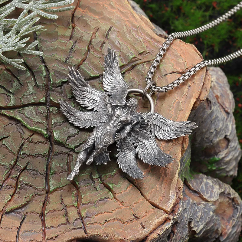 Retro Mythical Seraph Warrior Patron Saint Pendant Necklace for Men and Women Punk Trend Casual Party Jewelry Gift