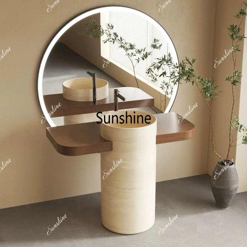 Retro travertine floor-to-ceiling T-shaped hand wash bathroom cabinet