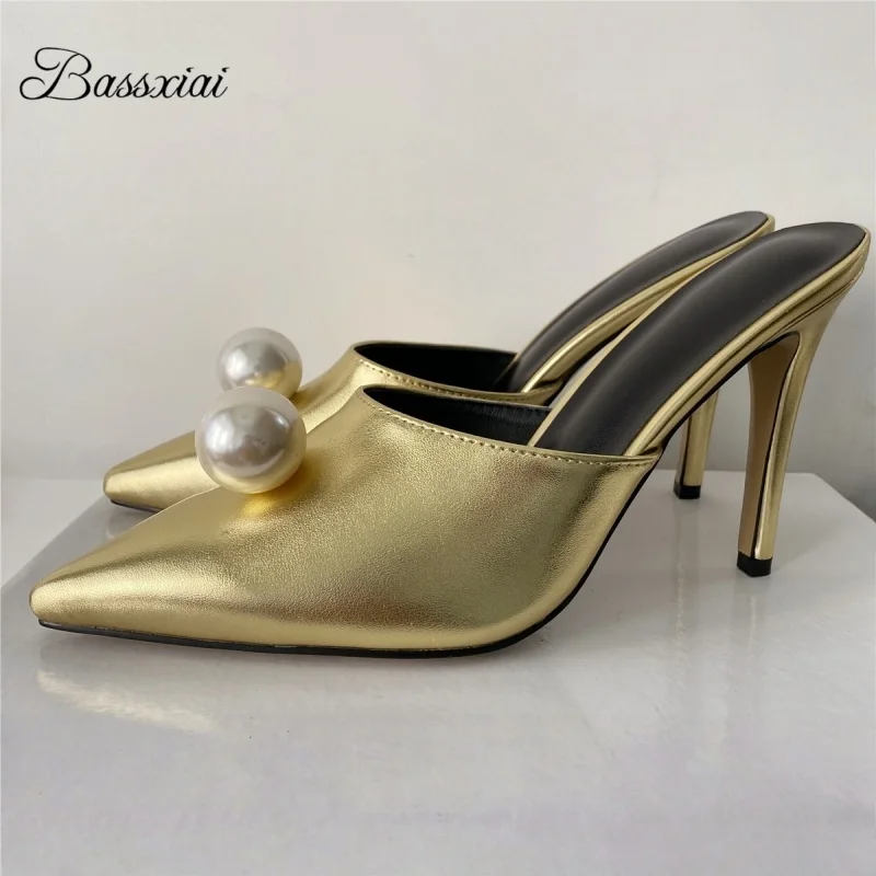 

Женские сандалии с жемчужным декором и бусинами, пикантные летние туфли-лодочки из натуральной кожи с острым носком на шпильке 10 см
