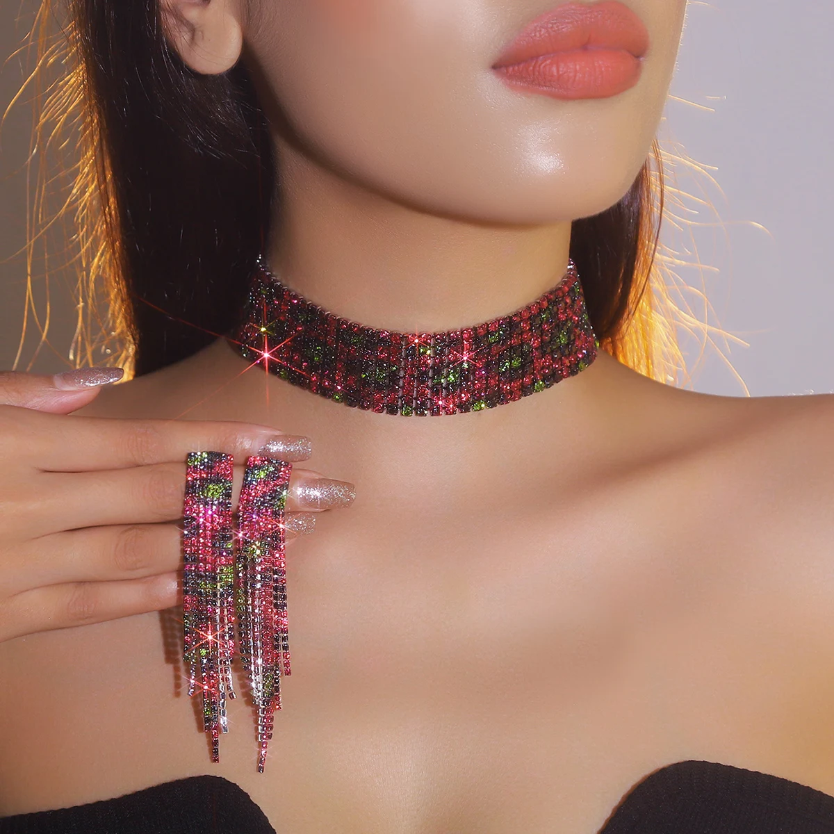 Gorgeous Retro Leopard Crystal Rhinestone Necklace Earrings Set For Wife Girl Friend Valentines Gift