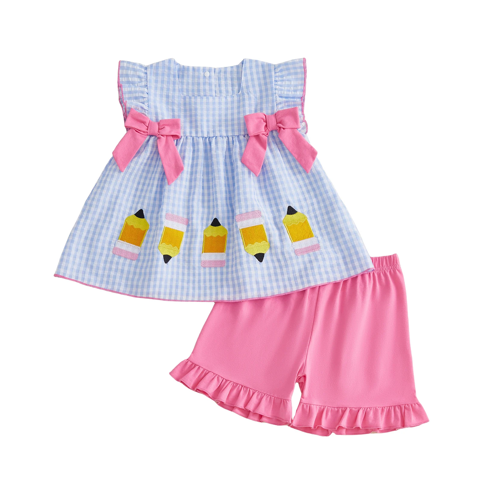 Baby Girl Back to School Outfits Sleeveless Plaid Print Ruffle Tops Shorts Set Toddler Clothes
