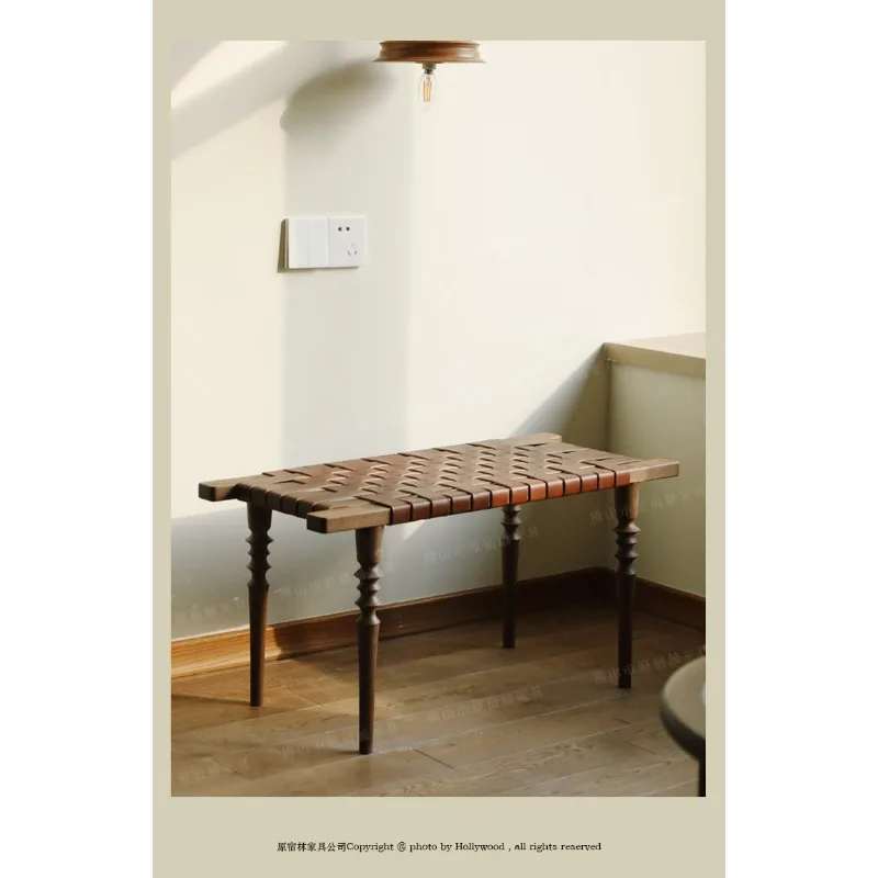 

Solid Wood Saddle Leather Woven Stool Retro Home Long Door Entry Shoe Changing Bench