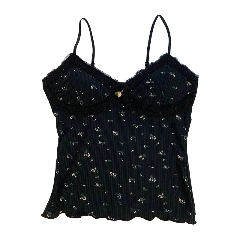 توب نسائي صيفي قصير مثير بتصميم أمريكي عتيق من الدانتيل الأسود المزهر، ضيق ومناسب للجسم مع حشوة صدر، بلوزة متعددة الاستخدامات...
