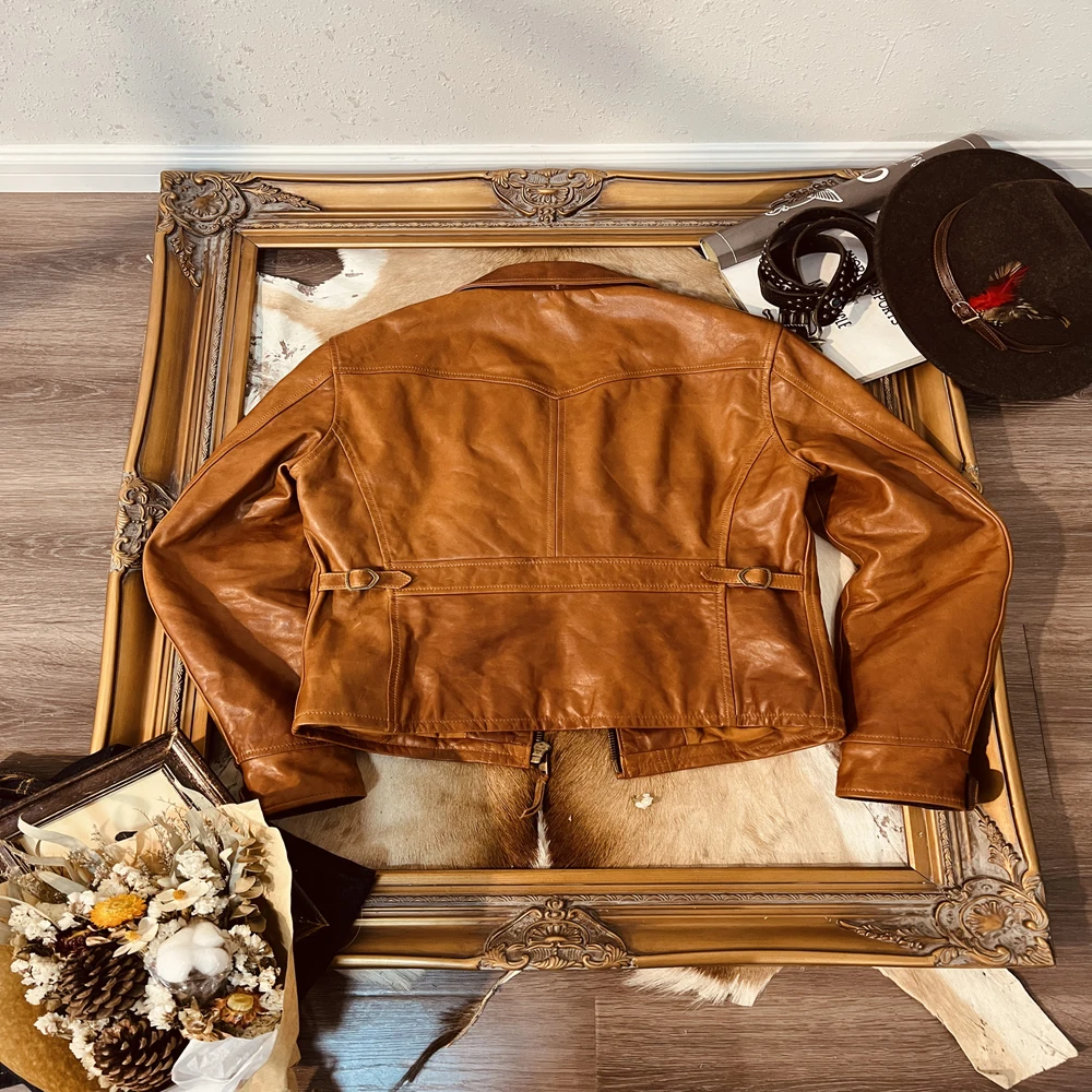 shipping.Cidu YR!Free Brand.luxury quality Sunset yellow soft cowhide jacket.West Vintage style real leather coat.fashion