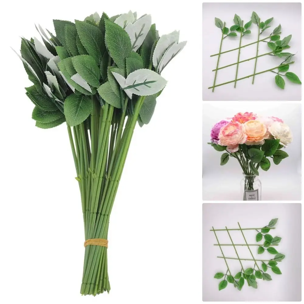 10Pcs with Artificial Leaves Fake Flower Stem Home Decor Gardening Craft Accessories Flowers Stick Rod 33cm DIY