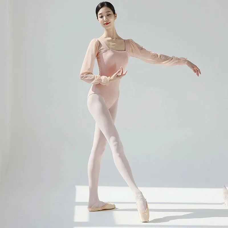 Feminino Mangas Compridas Ballet Bodysuits, Ginástica Prática Vestuário, Adulto Collant Gaze, Trajes de Dança