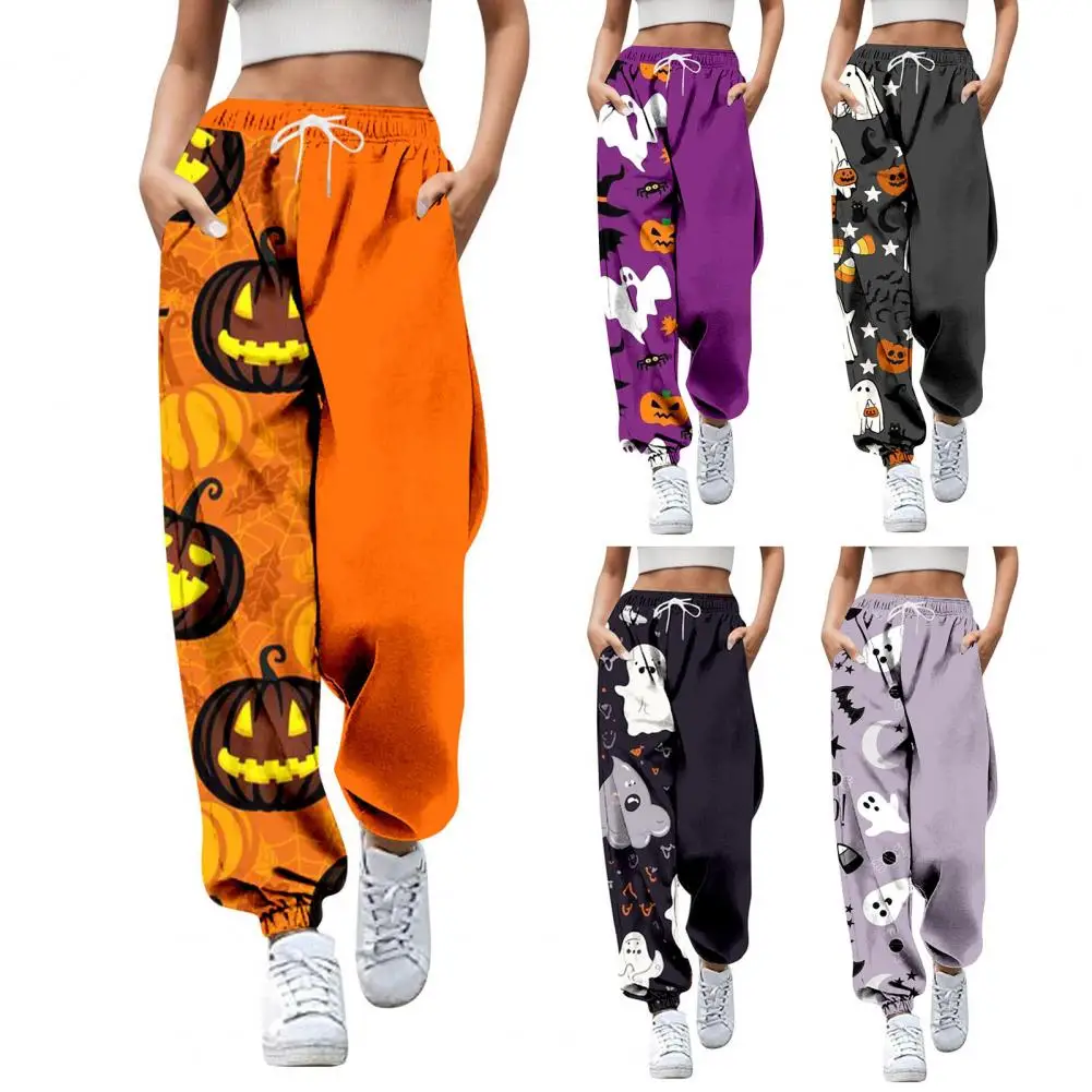 Women Straight Fit Sweatpants Pumpkin Print Sweatpants with High Waist Adjustable Drawstring for Fitness