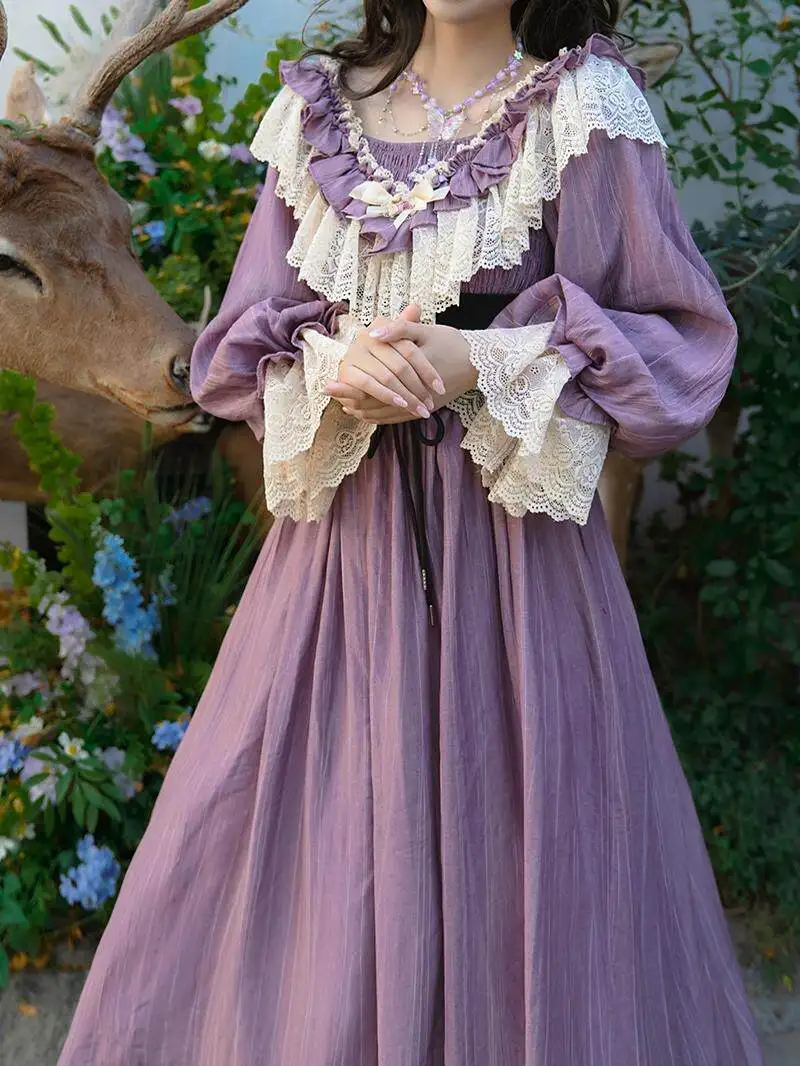 Nicemix-Purple-Victorian-Classic-Lolita-Dress-Spring-Lace-Spliced-Lantern-Sleeve-Slim-A-Line-Vintage-Sweet-Princess-Casual-Party
