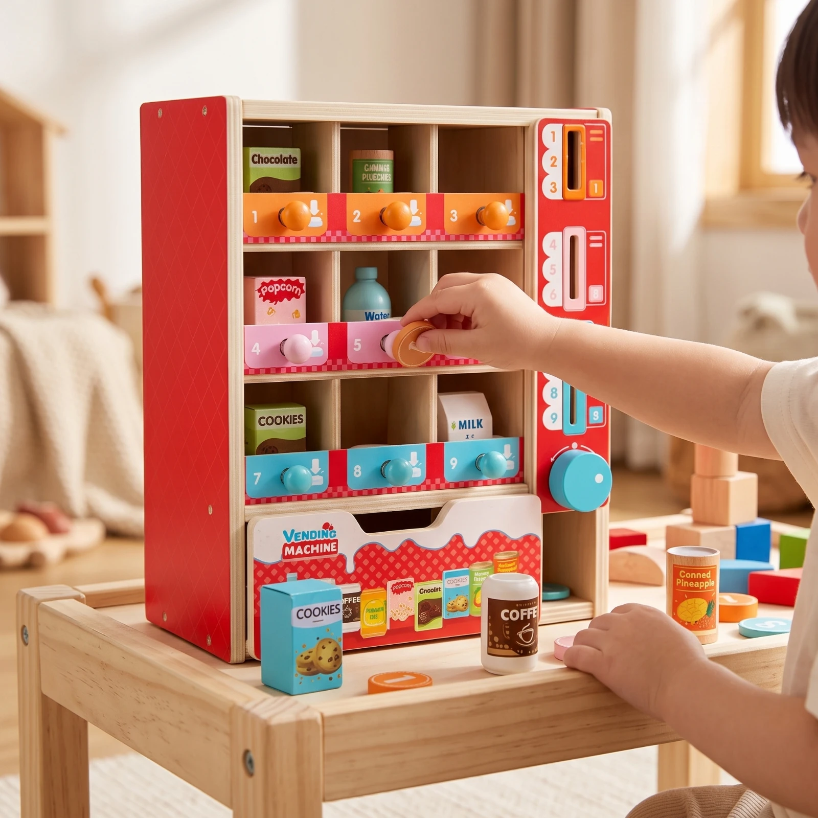 Wooden Vending Machine Toy Sturdy Wooden Vending Machine Pretend Play Set Smooth-Edged Play Food Set Compact for Children