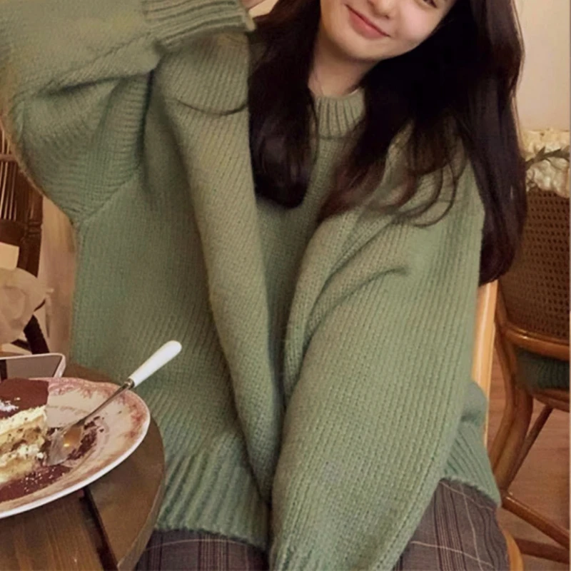 Autumn Green Pullover Women Vintage Soft Gentle Loose Streetwear Temper Knitted Chic O-neck Design Ulzzang Daily Sweater Classic