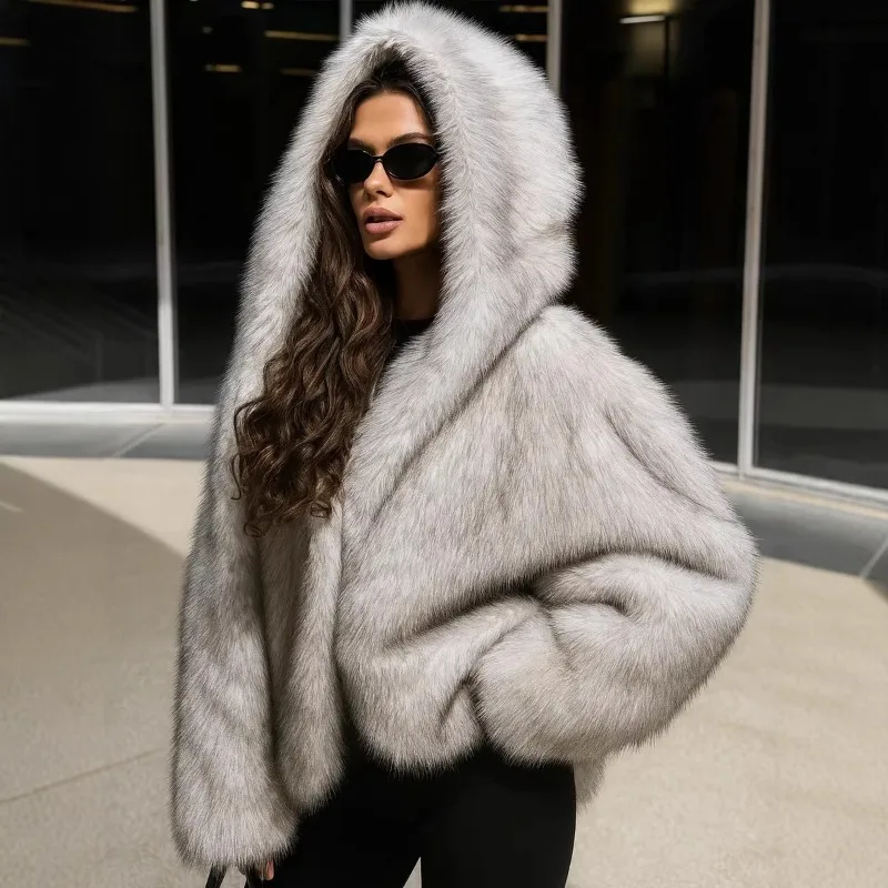 The New Autumn Winter Fashion Women's Fur Hooded Jacket. Imitating Fox Fur Coat Are Elegant and Trendy. Temperament Clothing.