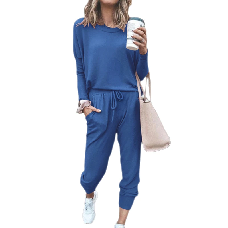 Spring Autumn Sportswear Fashion Women's Casual Pure Color Loose Hoodies Long sleeved Pullover with Sweatpants Two Pieces Set
