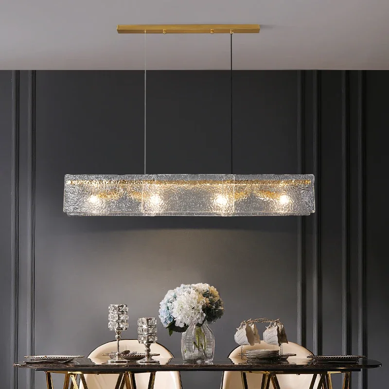FSS Modern Copper Dining room Chandelier Rectangular Water Ripple Glass Designer Creative Dining Table Long Bar Chandelier