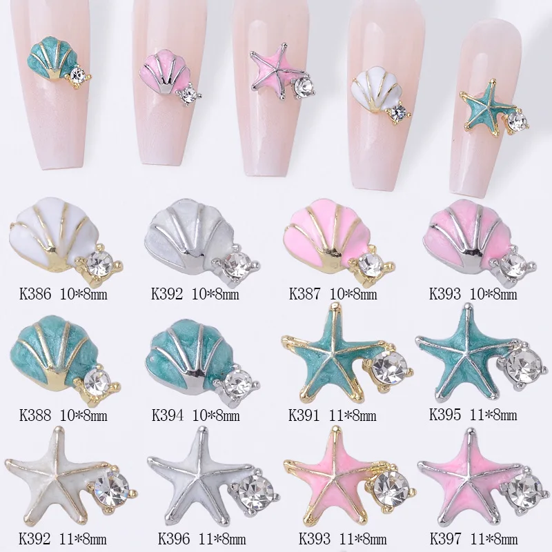 10PCS Spray Painting Lacquer Alloy Nail Art Shell Starfish Charms Rhinestone Accessories Summer Ocean Nails Decoration Supplies