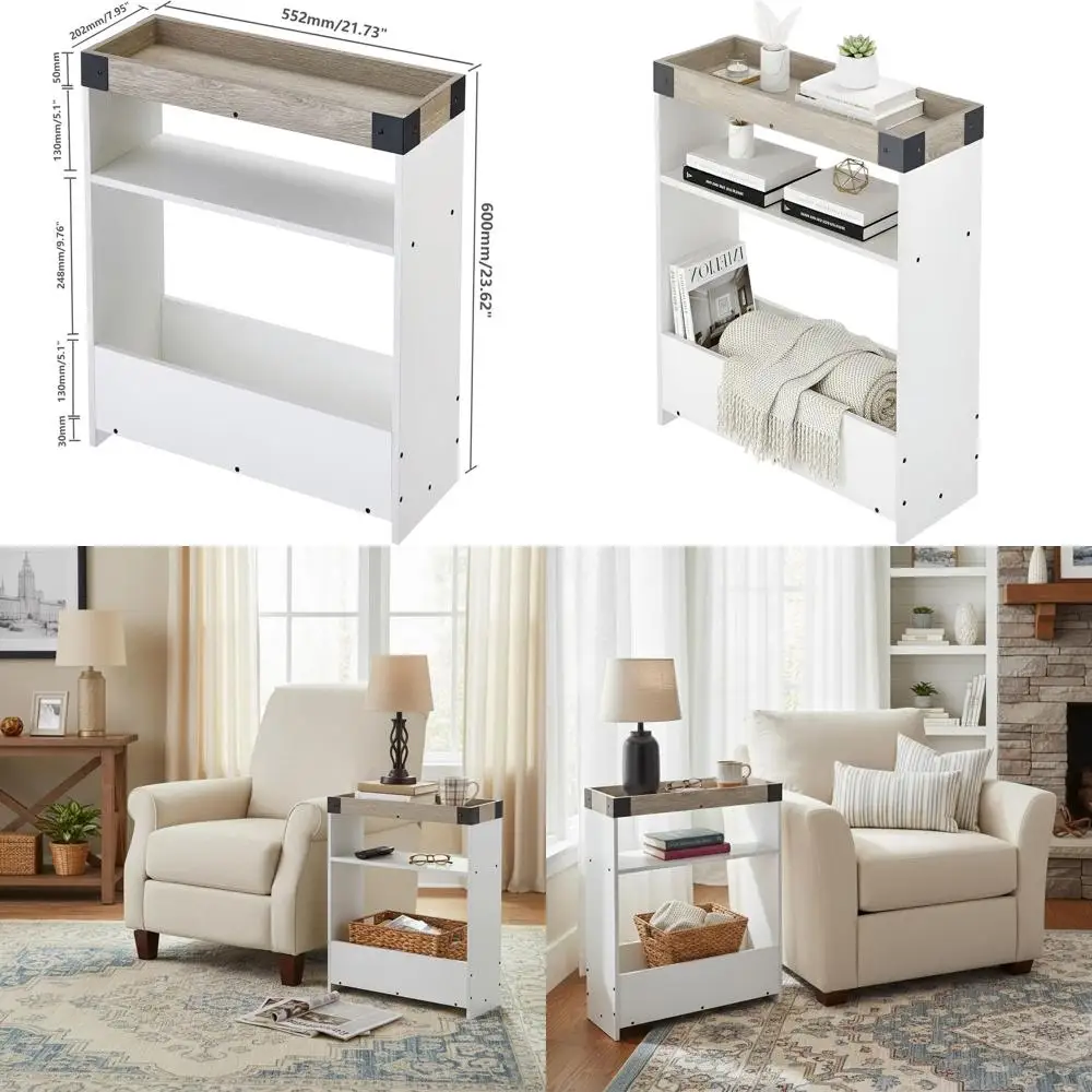 

Oak & White Farmhouse Side Table with Tray, Storage, and Magazine Rack for Small Spaces