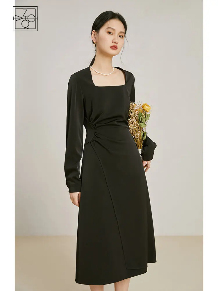 ZIQIAO Square Neck Women Temperament Long Sleeve Dress Pleated Waist Design Ladies Spring Mid-Length Dress Black A-LINE Skirts