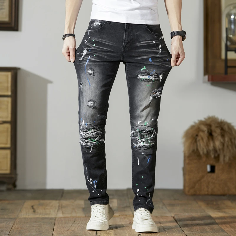 Ripped cool jeans men's black retro fashion fashion brand Slim casual stretch paint printed motorcycle trousers