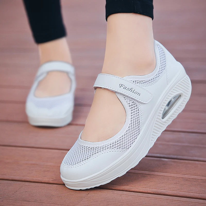 Women Summer Lightweight Sneakers Lady Air Cushion Running Sport Shoes Breathable Quick Dry Velcro Soft Flat Shoes