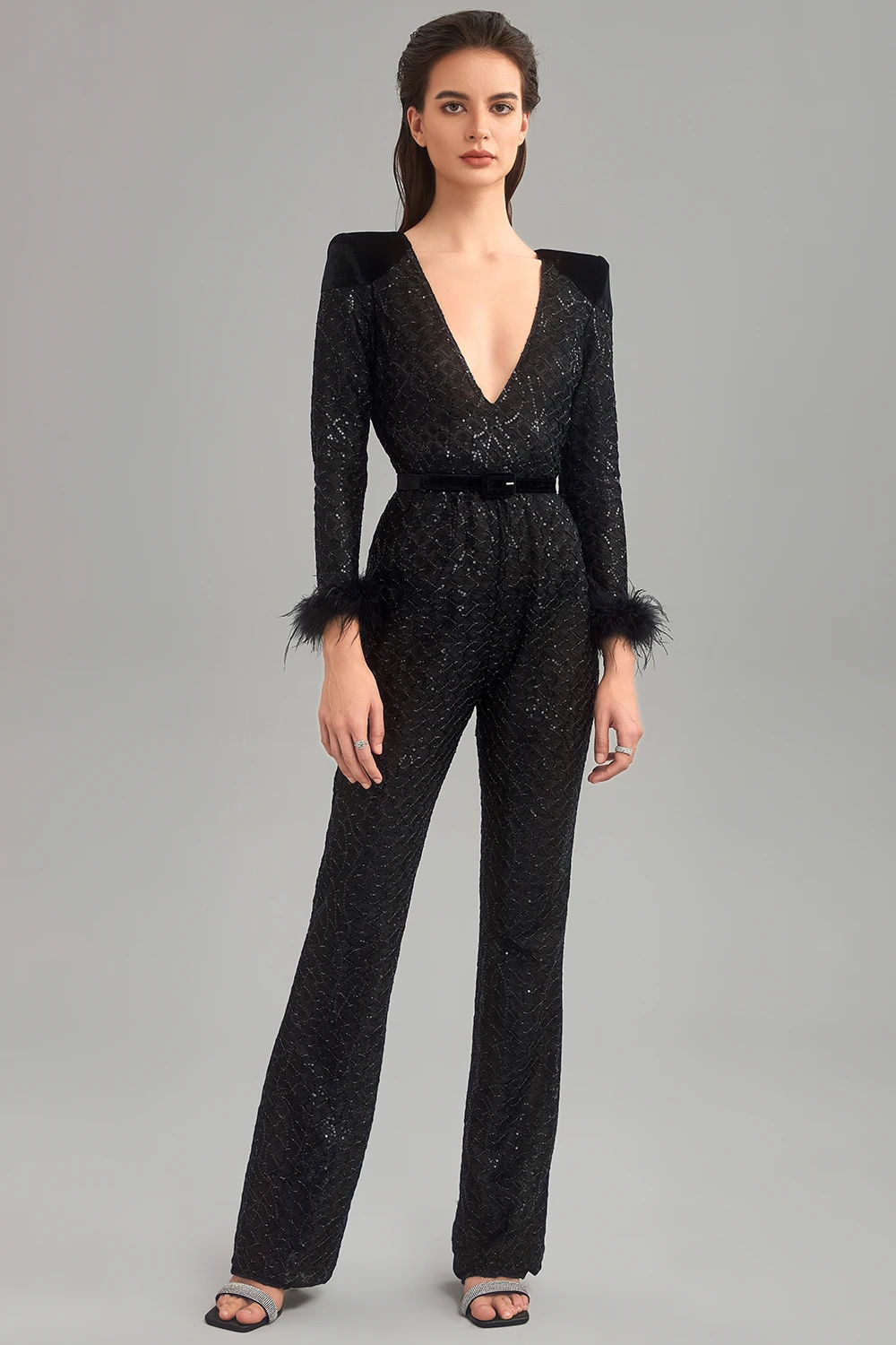 

Women's New Fashion Sexy V Neck Feather Cuff Jumpsuit Black Sequin Long Sleeve Belt Party Jumpsuit