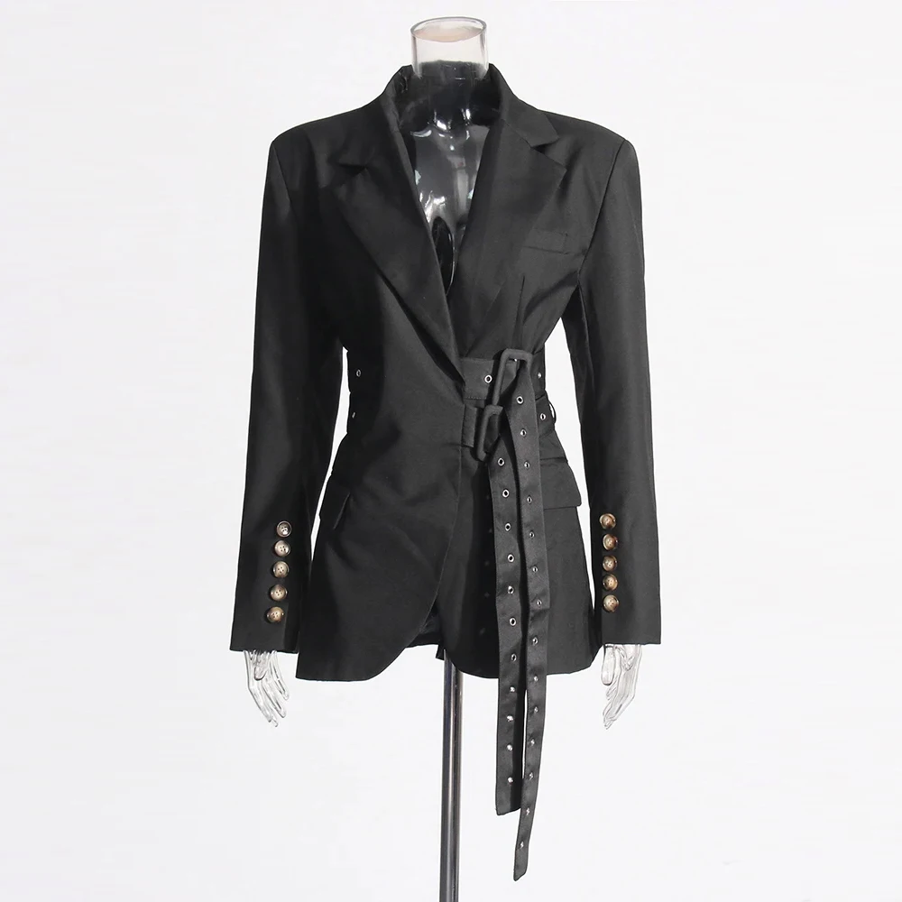 VGH Patchwork Belt Elegant Blazers For Women Notched Collar Long Sleeve Spliced Button Slimming Solid Blazer Female Style New