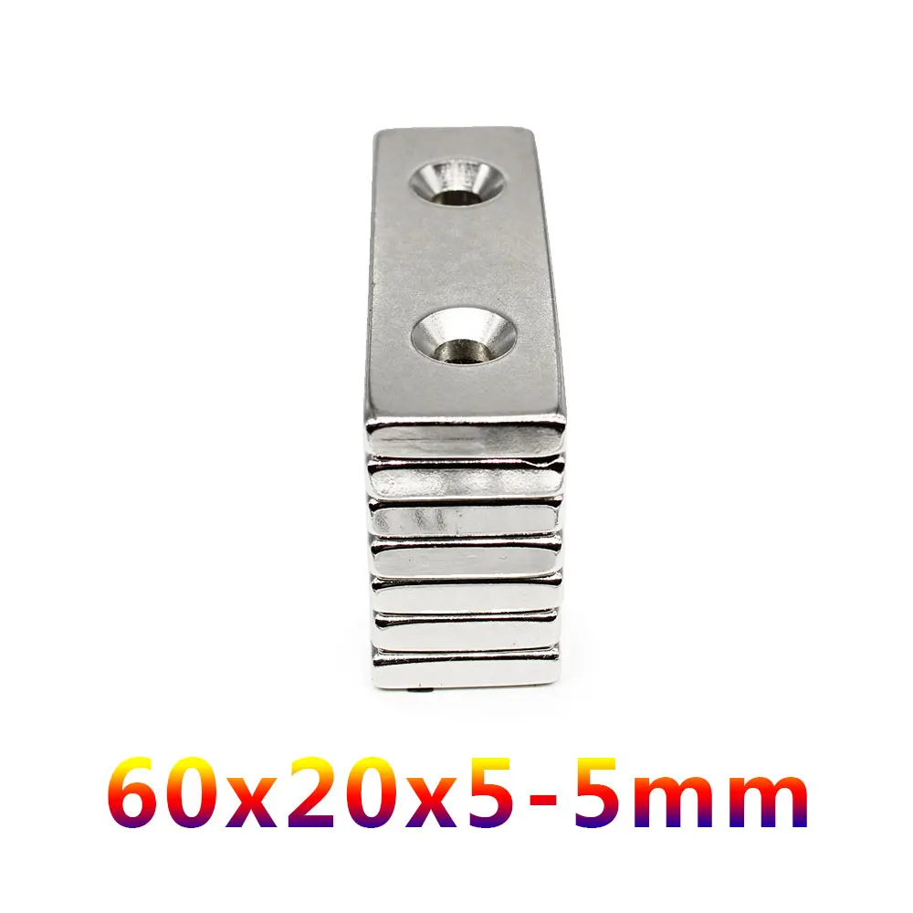 1/2/5/10PCS 60*20*5-5mm stv Papírlap szuper Hatalmas Erős magnets holes 5mm N35 Eltömít Rare Föld Neodímium Mágnes 60x20x5-5mm