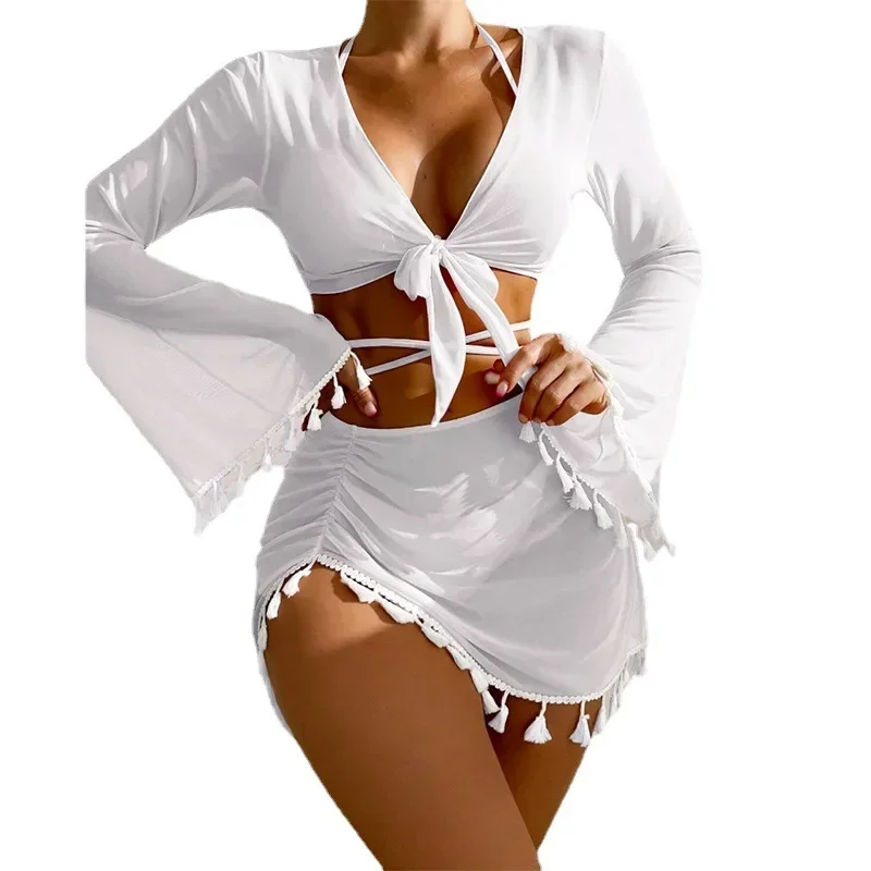 2025 New Aliexpress Conservative Swimwear Women's Solid Tassel Mesh Mask Short Skirt Set of Four Bikini