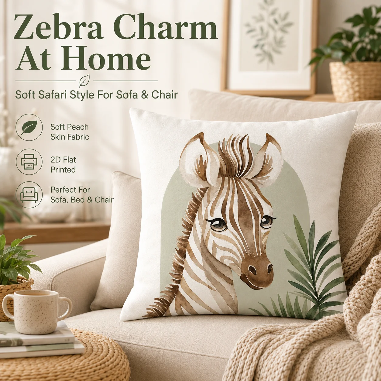 Safari Animal Pillowcase Peach Skin 2D Flat Printed Elephant Giraffe Zebra Cushion Cover for Kids Nursery Room Sofa Decor