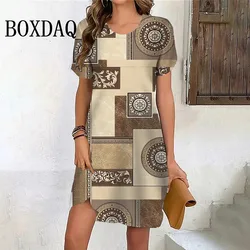 Styl etniczny damska Mini sukienka Vintage kwiatowy nadruk sukienka z krótkim rękawem w stylu Casual, letnia geometria drukuj Retro Sundress ubrania damskie