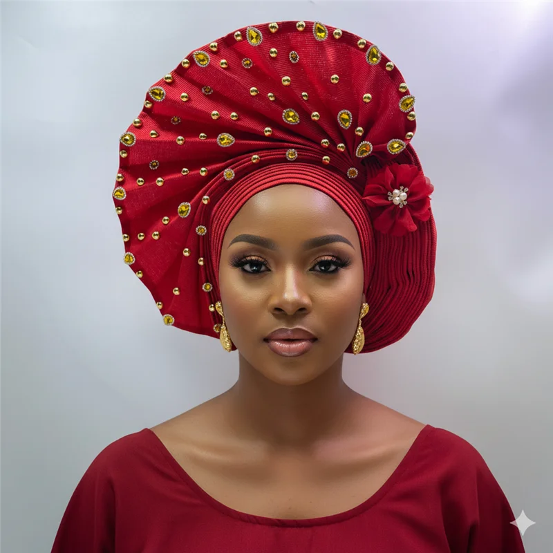 Casco de gel nigeriano con cuentas de piedra, turbante afro aso ebi gel aso oke, tocado de ala ancha 7L111802