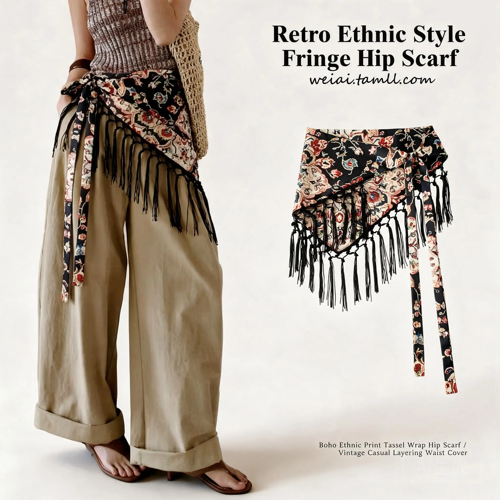 Boho Ethnic Paisley Floral Print Tassel Triangle Waist Belt Scarf For Women Layered Hip Skirt Cover Up Spring Summer Daily Wear
