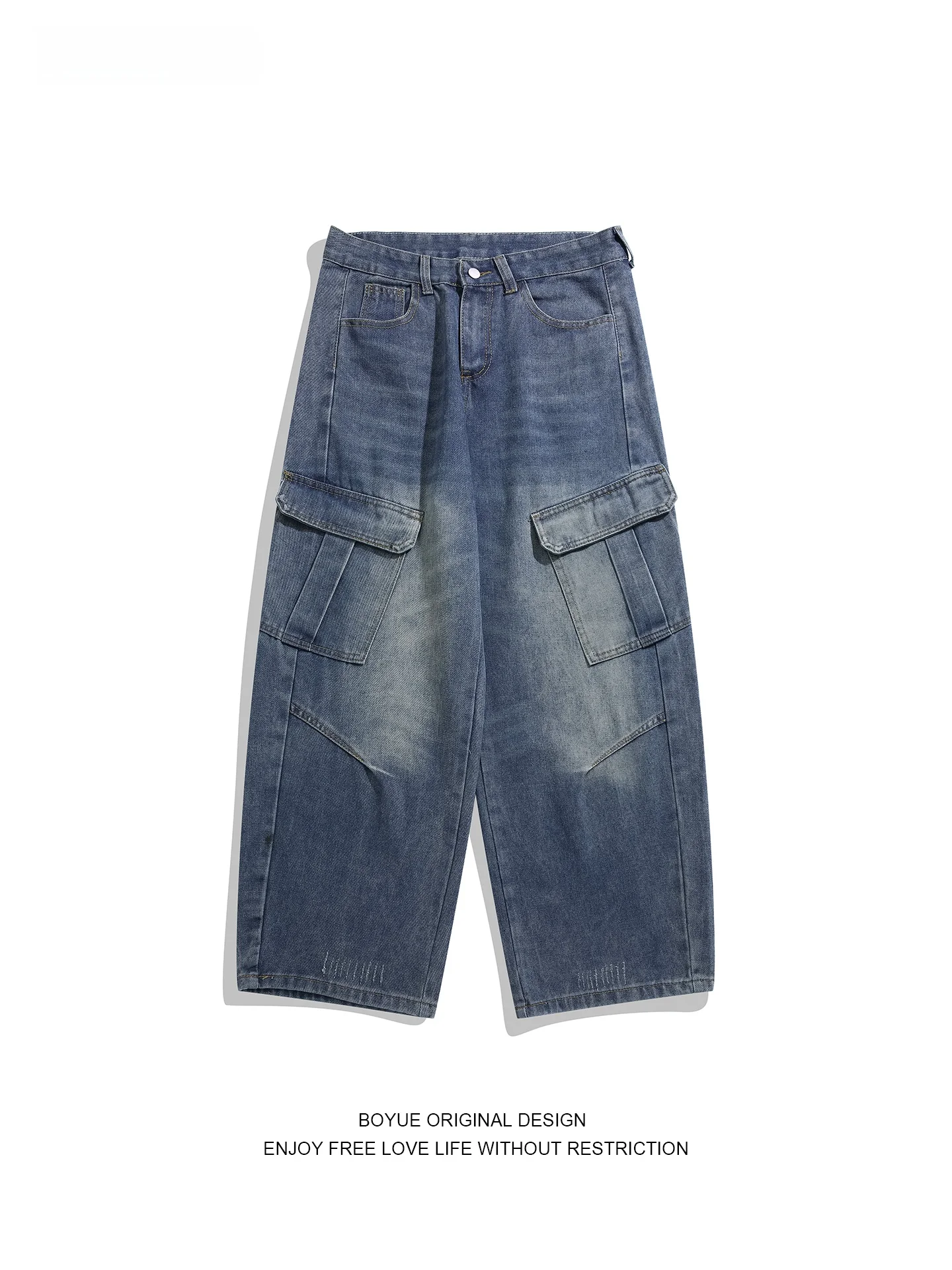 

Boyue American Retro Workwear Sle Jeans Loose Wide Leg Pants Multi ket Men's Women's Street Sle Cotton Blend Jeans