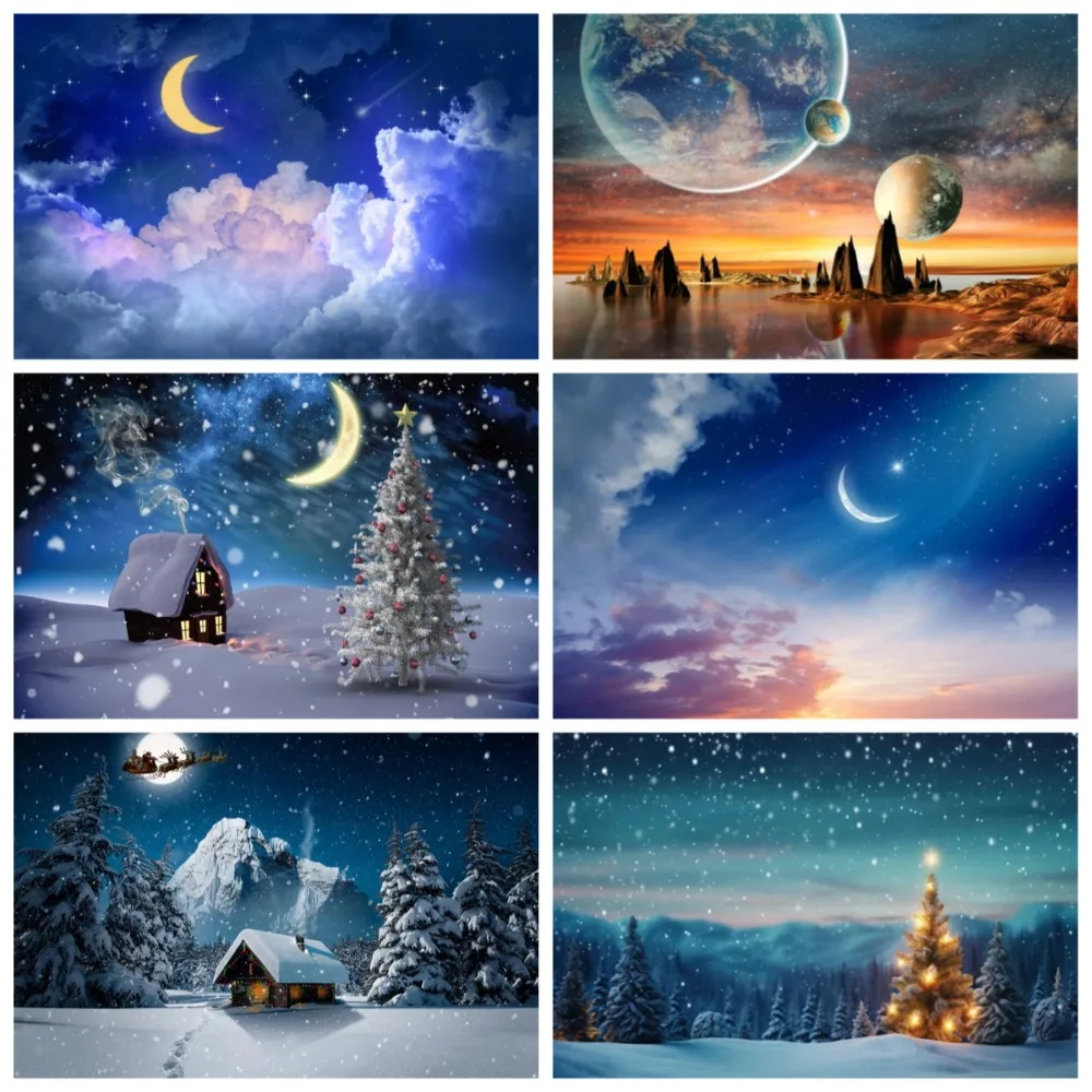 

Snowy Night Starry Sky Moon Stars Winter Forest Room Background, Children's Birthday Party, Room Decoration Photography Backdrop