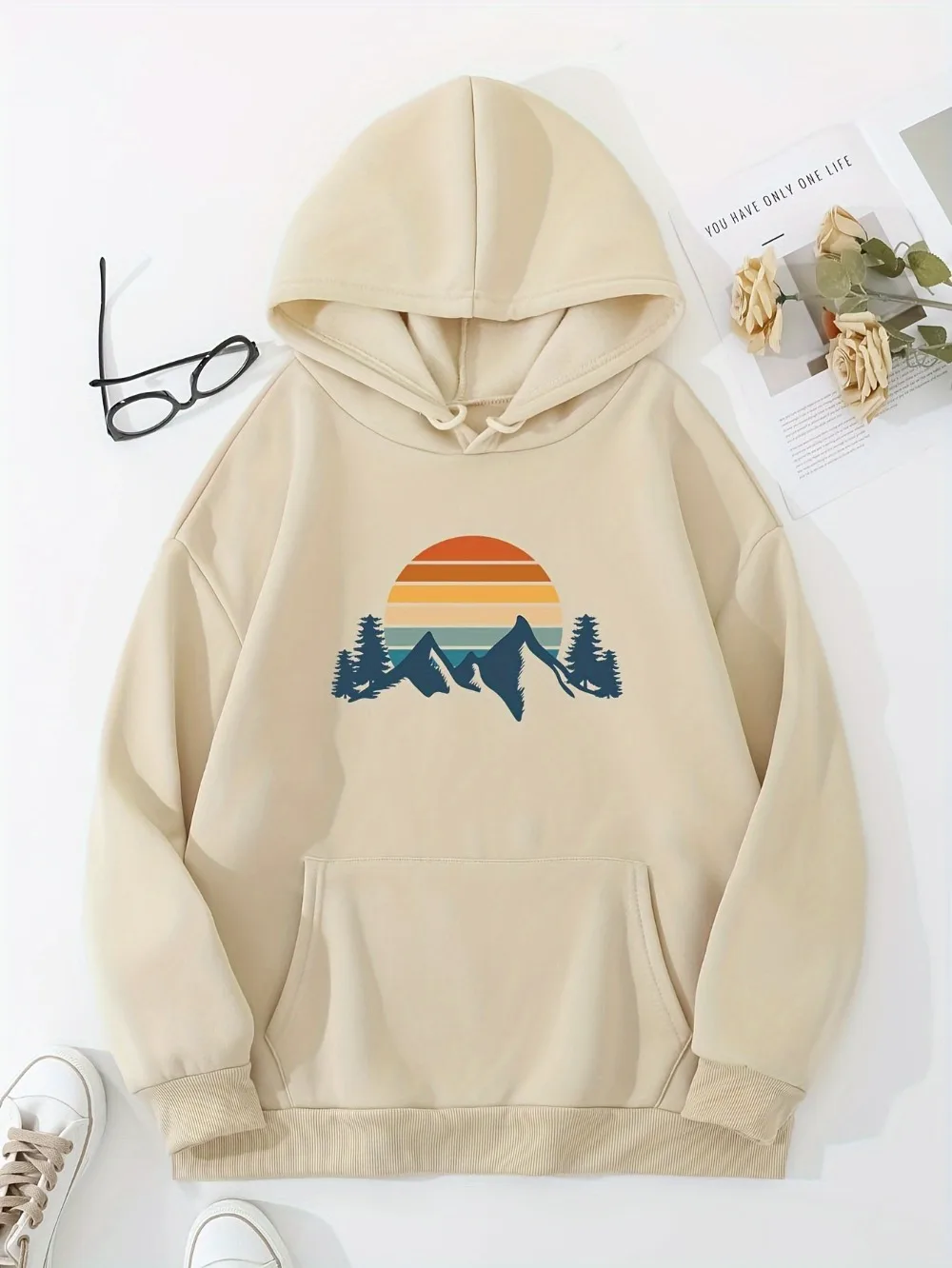 Mountain & Sun Print Womens Hoodie - Stylish Drawstring Hoodie with Roomy Kangaroo Pocket, Super Soft Sweatshirt for Casual Chic