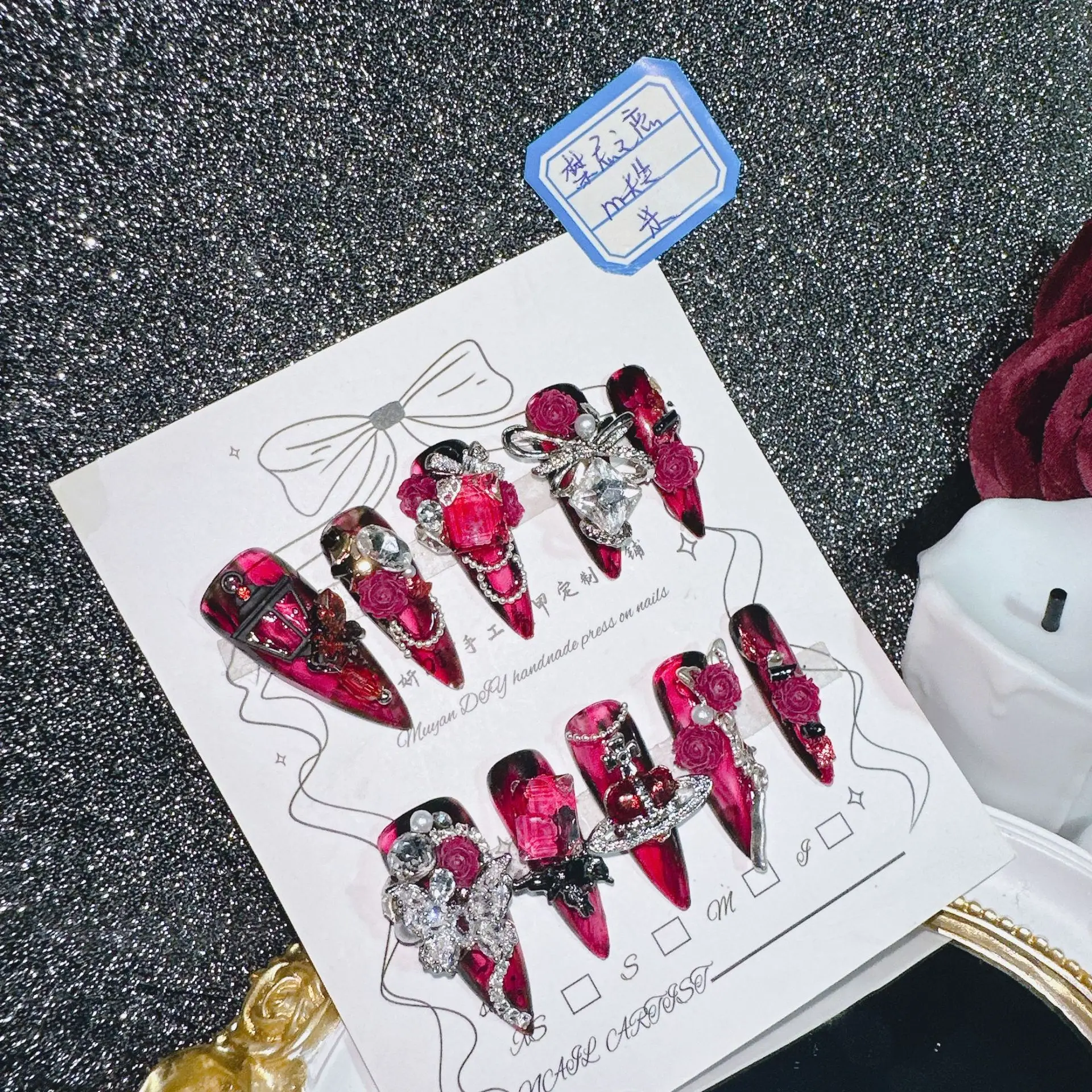 

Handmade Vintage Court Nail Art Stickers, Fuchsia Style with Pearls & Metal, Easy to Apply & Long-Lasting, Perfect for Parties,