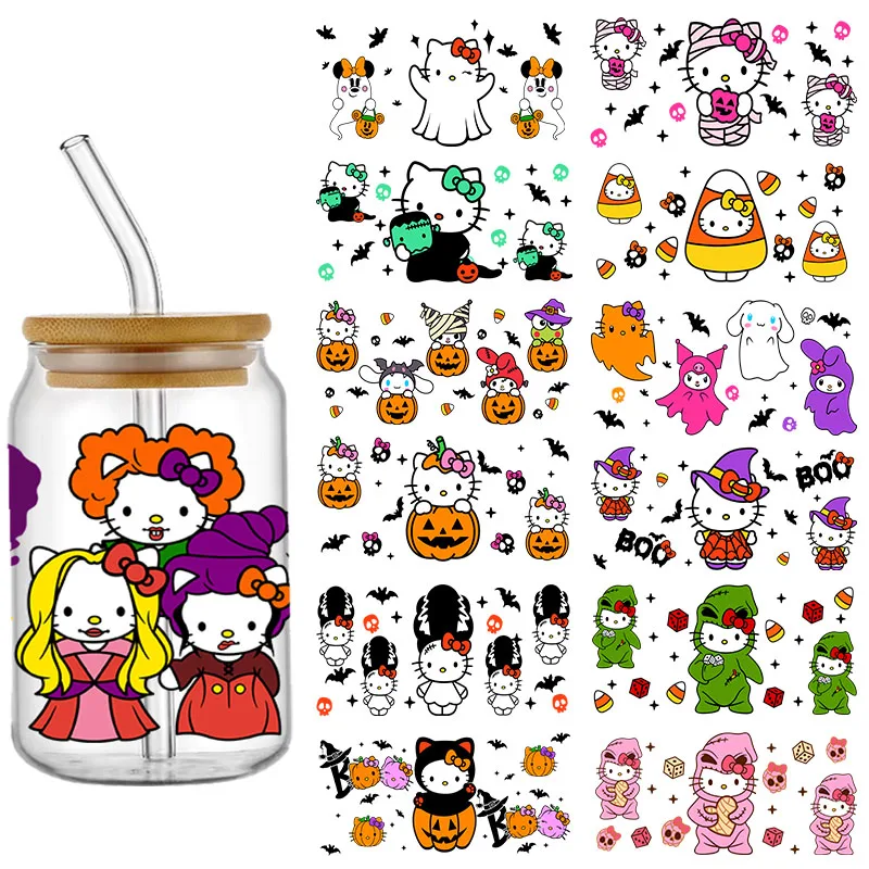 Miniso Halloween Cute Hello Kitty Pumpki UV DTF Cup Wraps Transfer Sticker For 16OZGlass Libbey Can Bottle Selfadhesive Washable