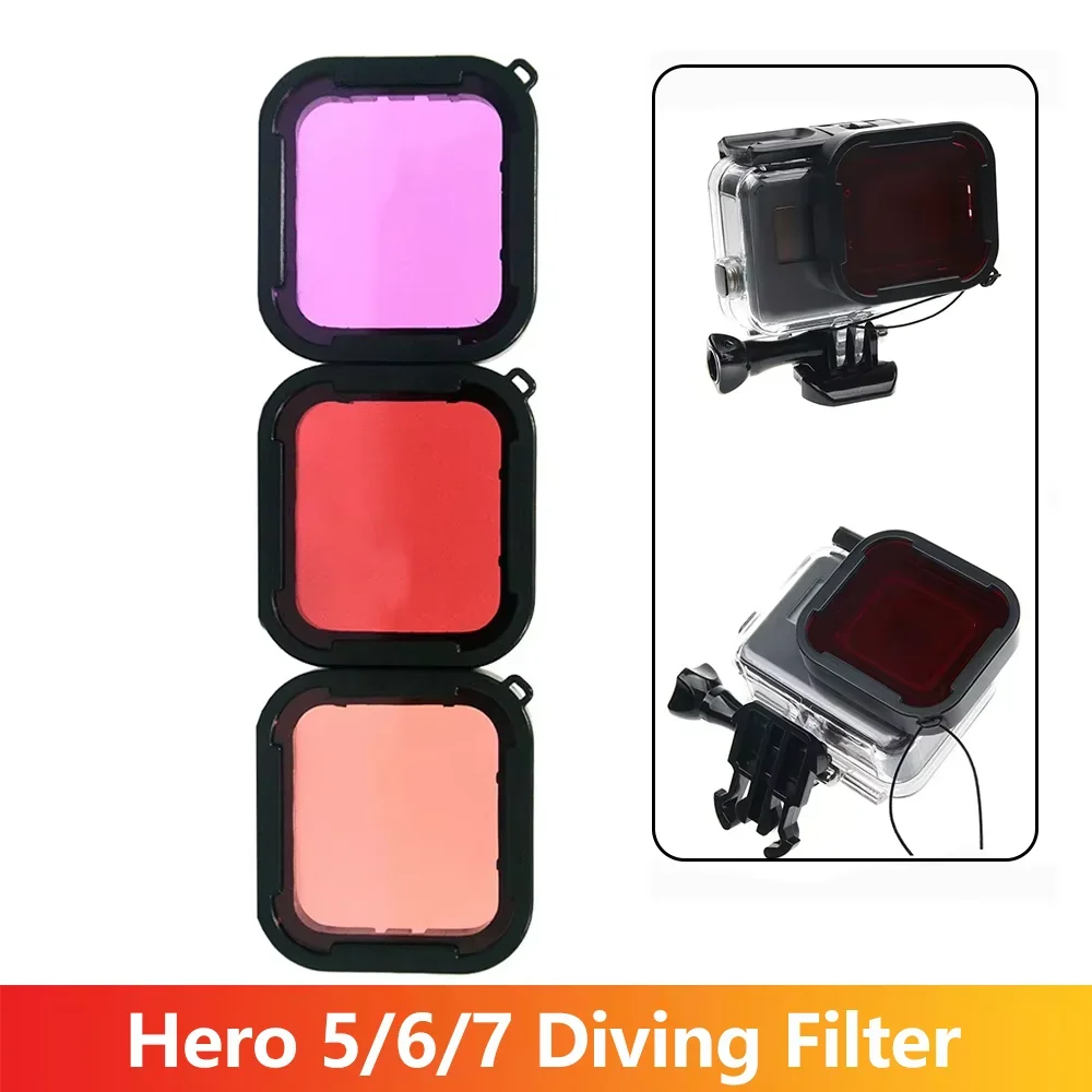 Filtro de Buceo para GoPro Hero 5 6 7, Tapa de Lente Roja, Morada y Rosa, Cubierta Protectora de Lente Tricolor, Accesorios para Fotografía Subacuática con Cámara de Acción