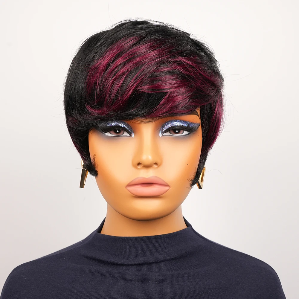 Short Human Hair Wigs 6 In Pixie Cut Wigs Human Hair Glueless Wig Layered Hd Lace Wigs Red Highlights Ready To Wear Burgundy Wig