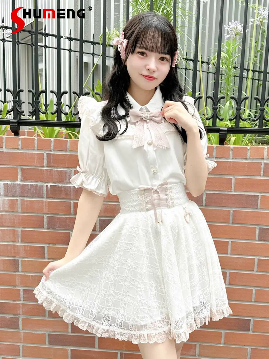 New Lolita Woman Blouse Japanese Rojita Short Sleeve Mine Series Mass-Produced Lace Stitching Ruffle Sleeve Bowknot Shirt 2023