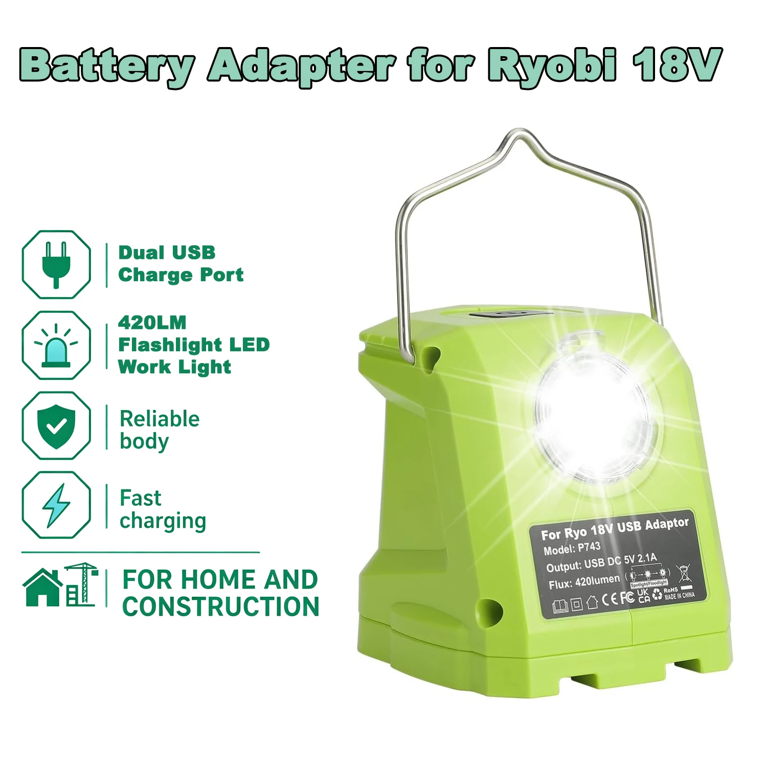 Portable Flashlight for Ryobi 18 v Battery, 420lm LED Work Light with 2 USB Ports, 3 Light Modes and Foldable Hang Hook