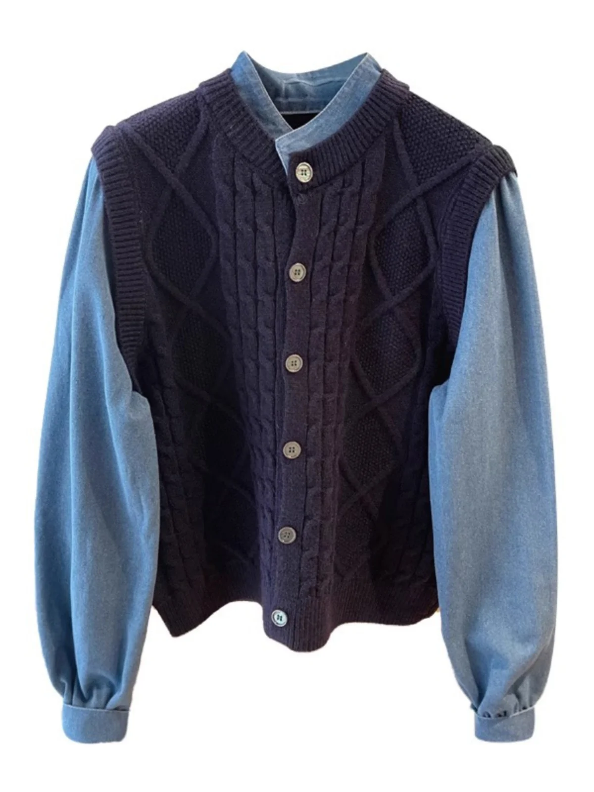 ファッション多用途ニットスプライシングデニムシャツセーター春秋フェイクツーピースカウボーイコートウエスタンスタイル長袖トップ