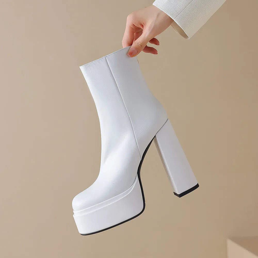 Aucegi-Bottes de rinçage en cuir véritable pour femme, chaussures de soirée classiques, bottes de printemps et d'automne, Parker rond, chaussures à plateforme zippée, talon optique