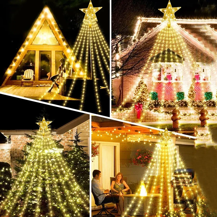 9 hebras 3M decoración navideña Solar cascada cadena de luces al aire libre 288LED estrella de Navidad árbol luz Solar guirnalda de luces