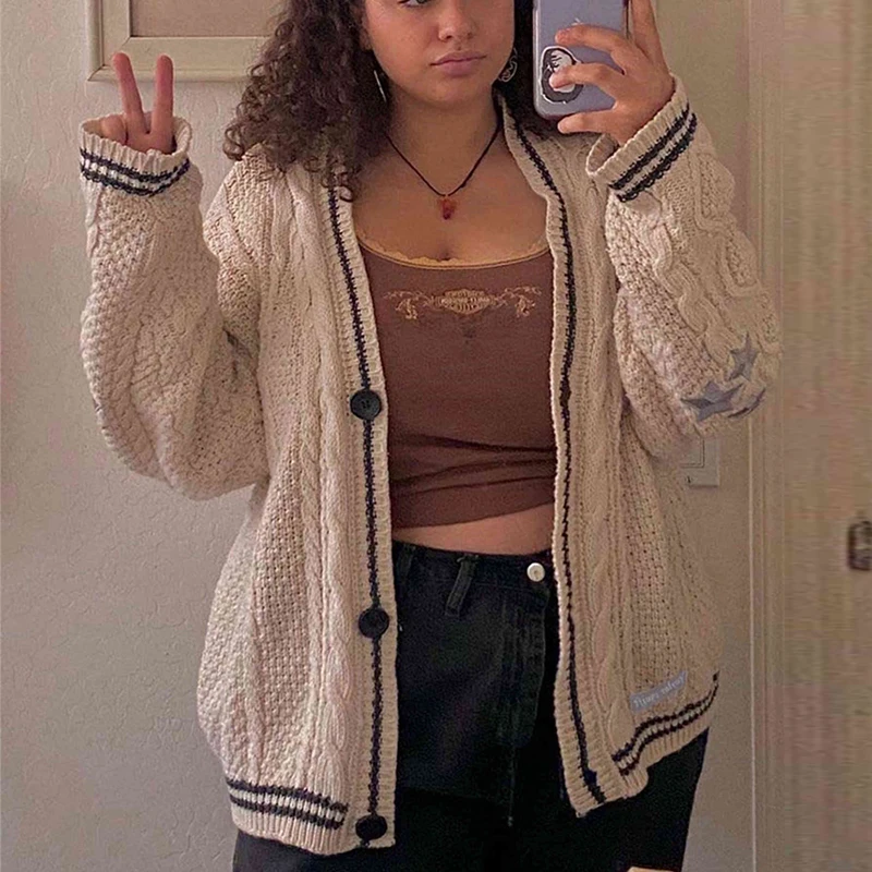 

Casual Loose Sweater Cardigan Women's Autumn Winter V-ne Long Sve Street Sle Temperament Loose Fit Knitwear Cardigan