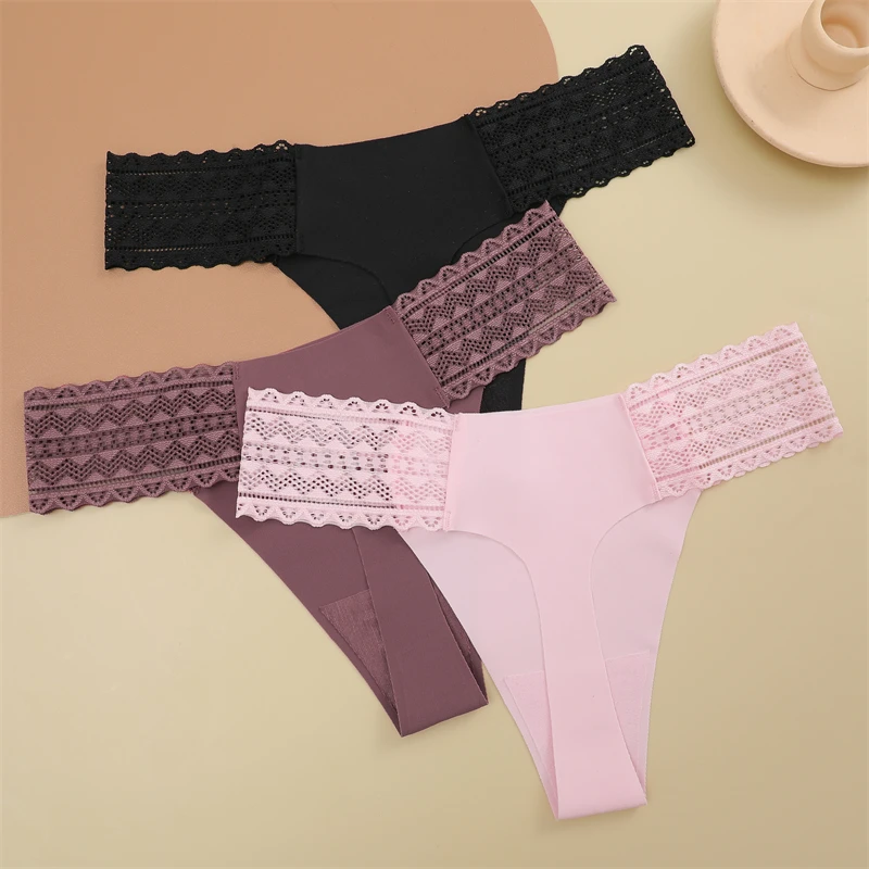 FINETOO 3Pcs Seamless Women Panties Sexy Lace G-string Hollow Out Waist Underwear for Female Solid Thongs Low Rise Lingerie S-XL