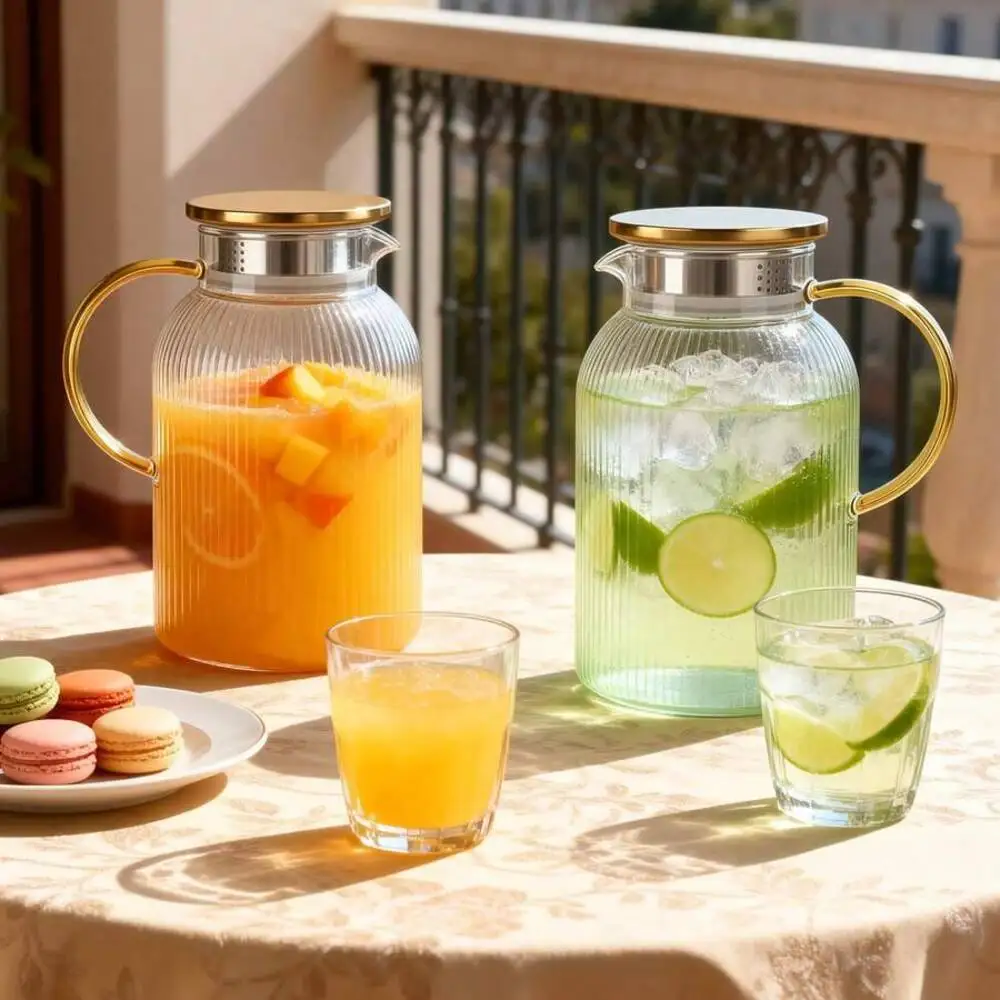 Vertical Striped Glass Pitcher With Golden Handle, Large Capacity Cold Water Carafe, Glass Beverage Jug With Lid For Iced Tea, Fruit Infused Water