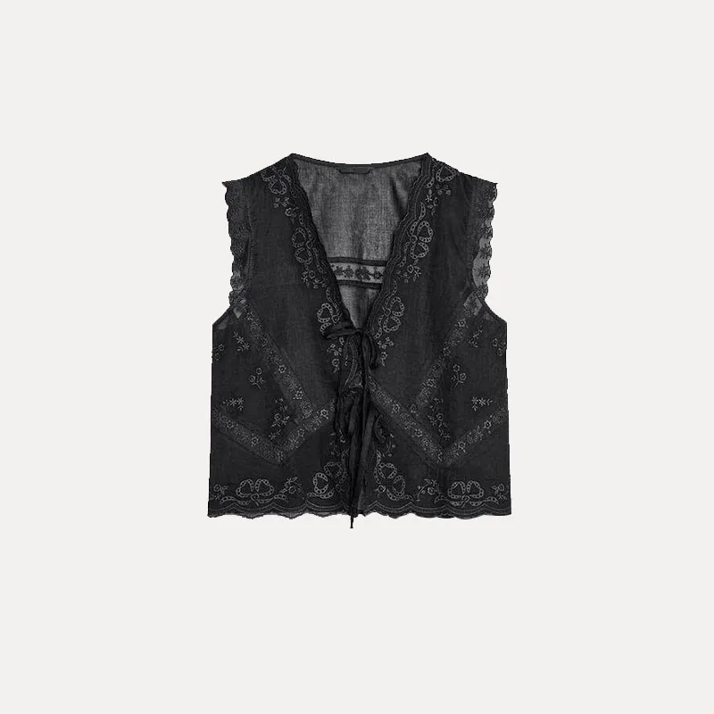 Printemps 2025 femmes Faionable coton mélange brodé v-ne Svel haut rue Sle fibre de Polyester 00% Z marque