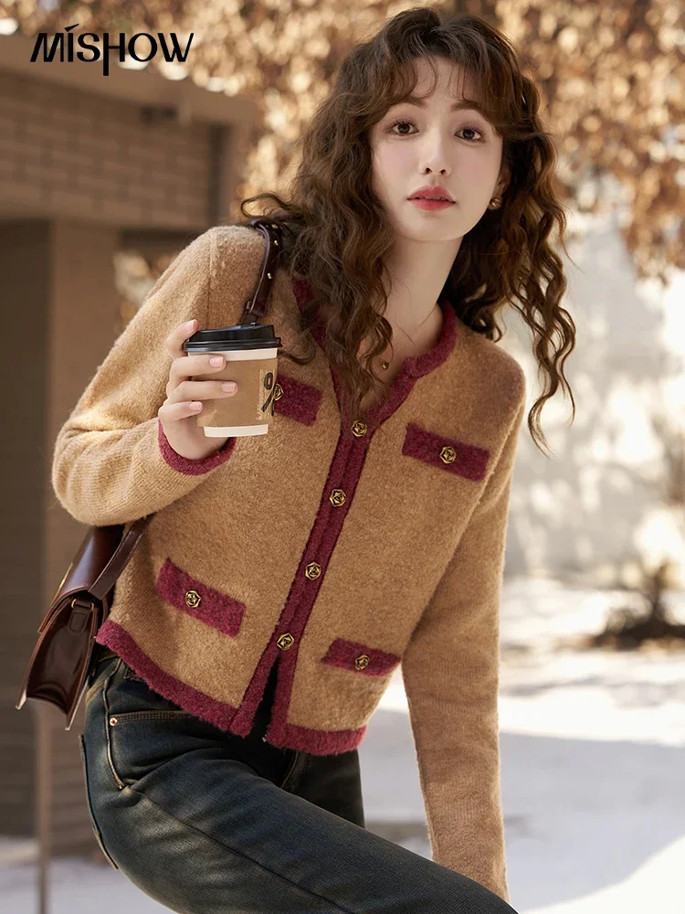 MISHOW Christmas Sweater Cardigan Women Contrast Autumn Winter New Year Knitted Sweaters Ladies V-neck Jumpers Tops MXC59Z0341