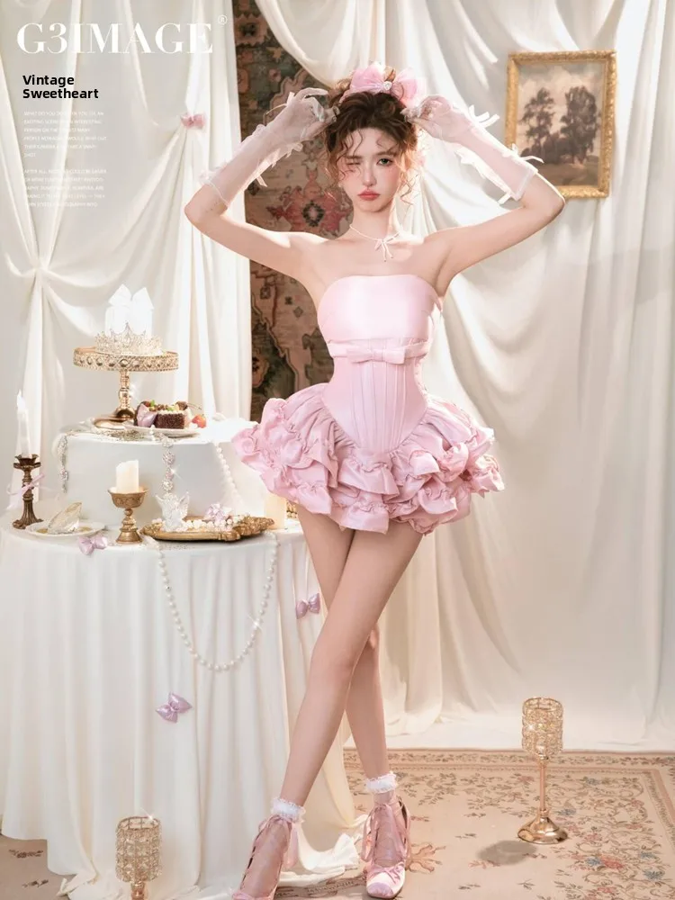 

Pink Strapless Cake Skirt Photography Costume Korean Style Sweet Princess Birthday Theme Photo Studio Props Women's Clothing