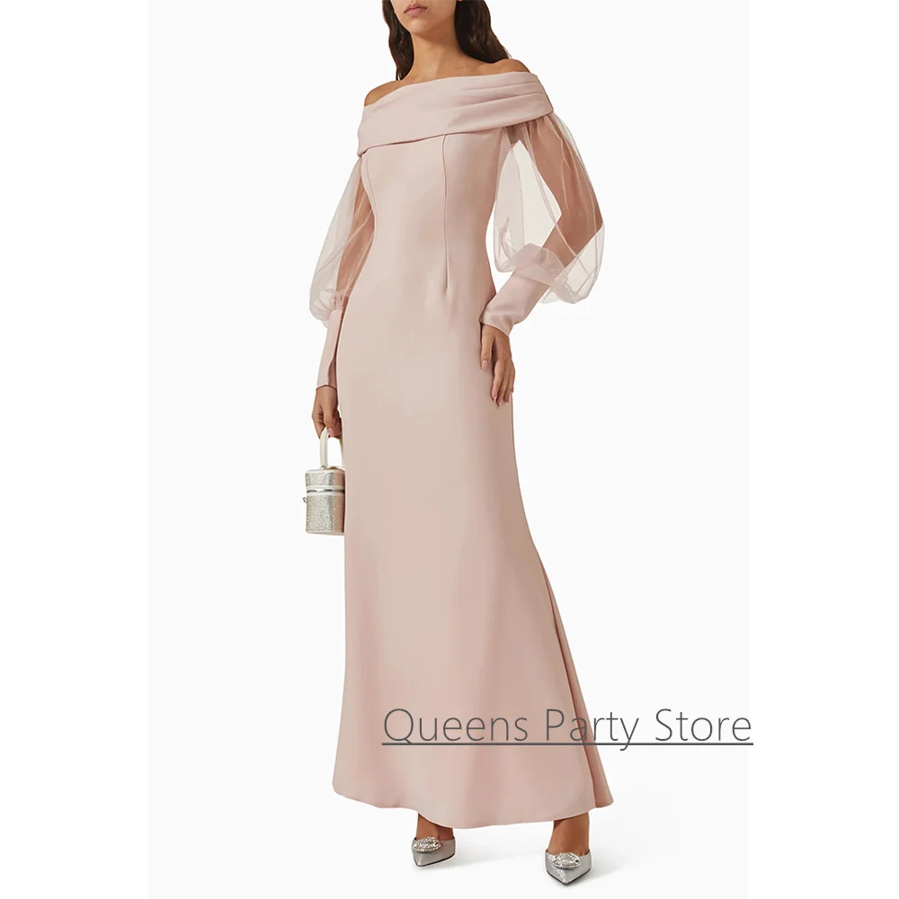 ชุดราตรีทรงเมอร์เมดคอเรือเรียบง่าย แขนพองแบบสั่งตัด ความยาวระดับข้อเท้า สไตล์โมเดิร์นแบบอาหรับ สำหรับงานแต่งงาน งานเลี้ยง งานพรอม