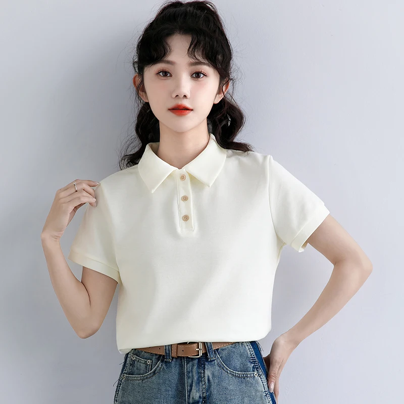 Apricot lapel T-shirt women's summer solid color simple versatile polo shirt